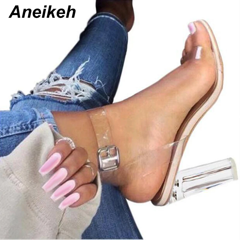 Clear Strap Heel - Aneikeh Sexy Clear Chunky Sandals for